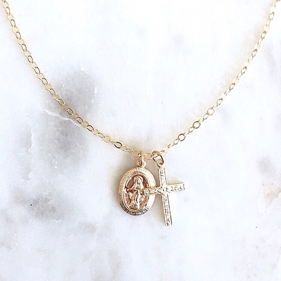 14k GF Miraculous Mary Cross Necklace - Picture 3 of 7